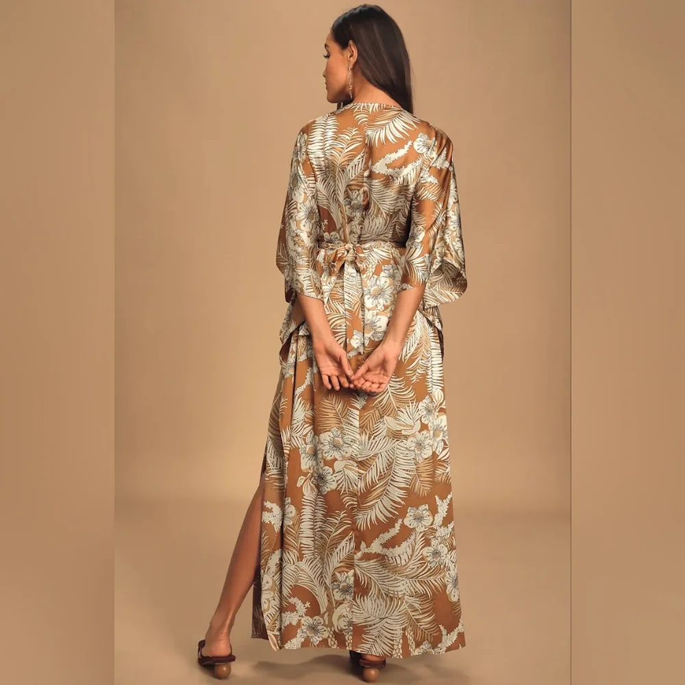 NWT Lulus Take A Holiday Tan Tropical Print Maxi Dress - Picture 3 of 4
